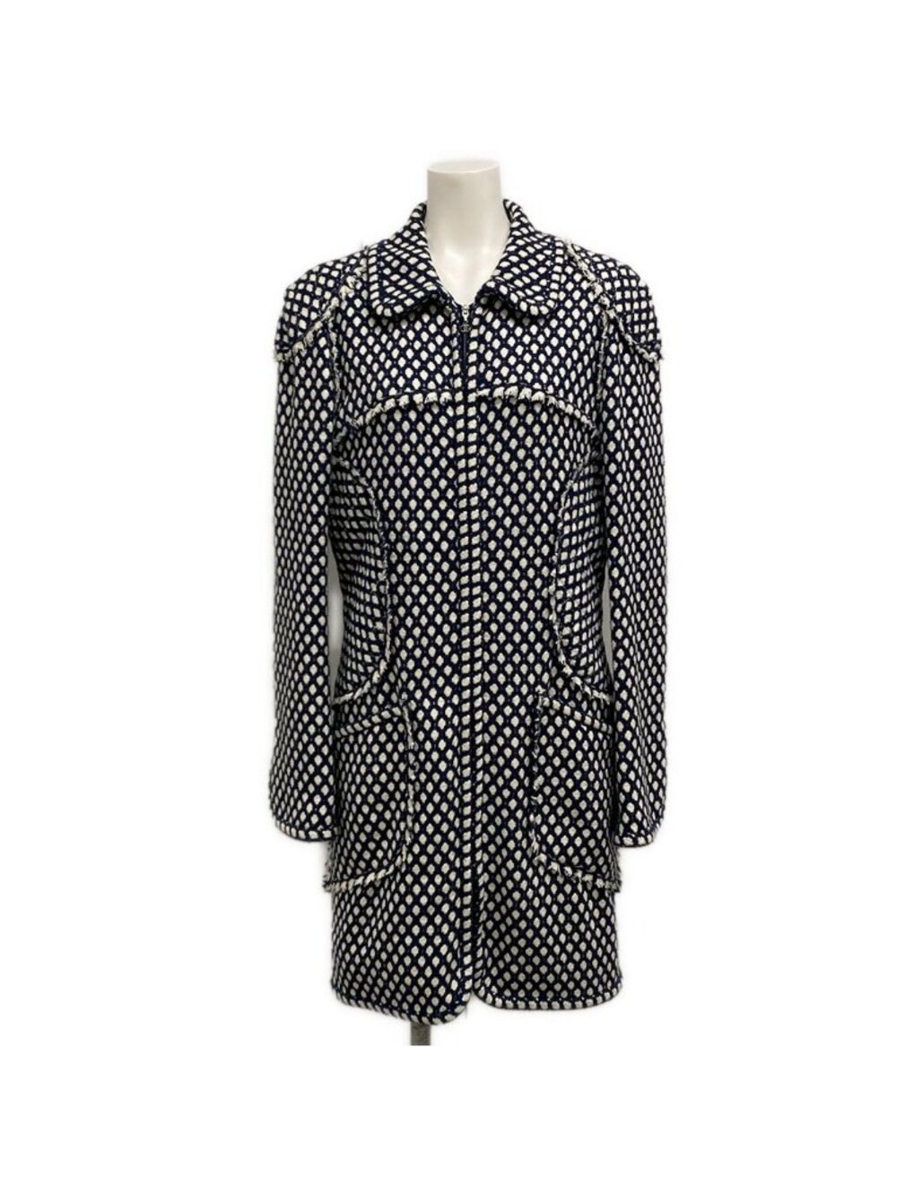Chanel Coat L Dark Navy Ivory Tweed Zip